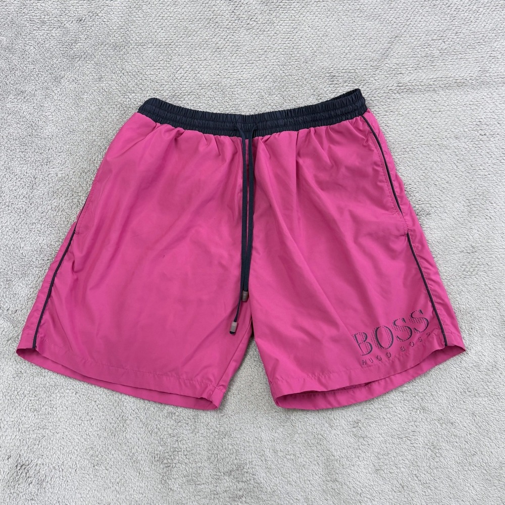 Hugo Boss Swim Shorts Mens M Pink Navy Blue Logo Drawstring Trunks